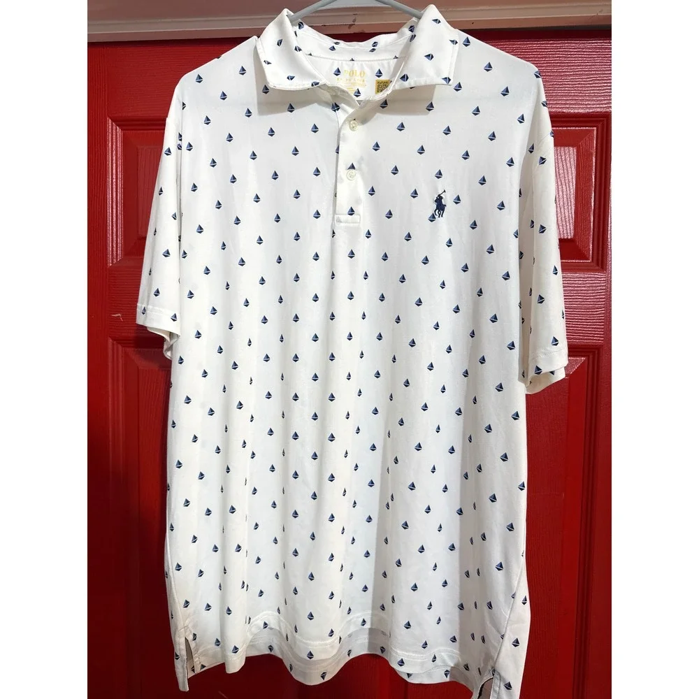 Polo Ralph Lauren Mens Performance Sailboat Print Polo Shirt White Blue Large